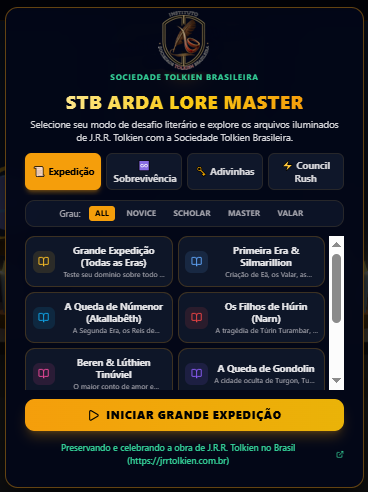Tela inicial do jogo STB Arda Lore Master, com os modos Expedição, Sobrevivência, Adivinhas e Council Rush e a lista de desafios
